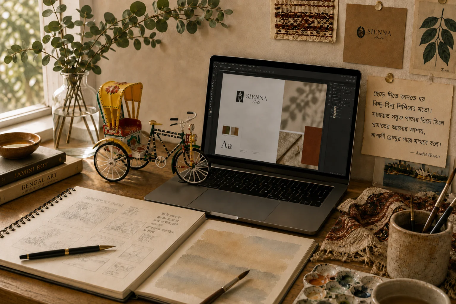 Sunlit studio desk with the Sienna Arts identity open on a laptop, a sketchbook of storyboard drawings, watercolour paintings, brushes and a palette