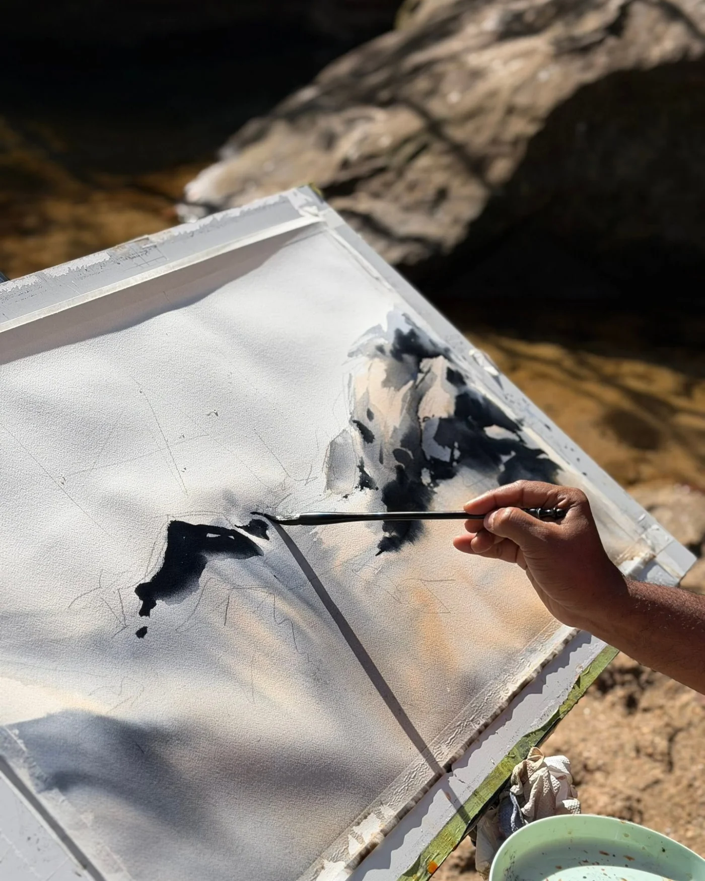 Between Waters, plein-air watercolour in progress at Glenbrook