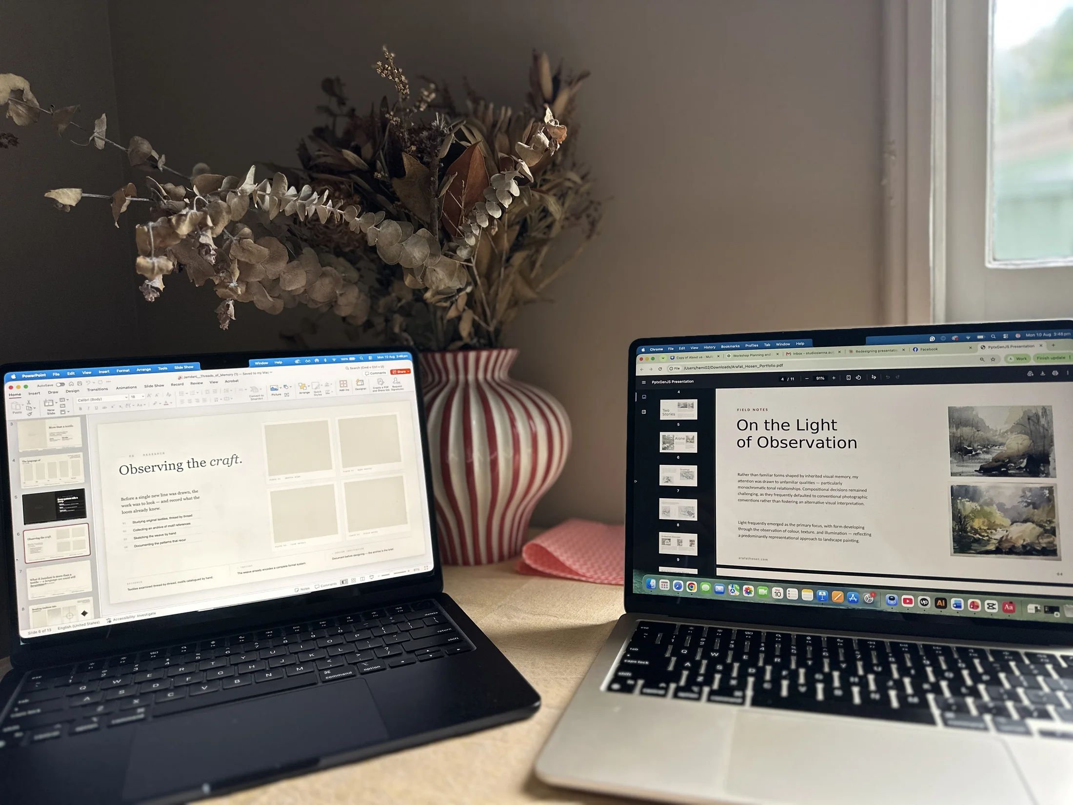 Sienna Arts editorial layouts and portfolio pages in progress on two screens
