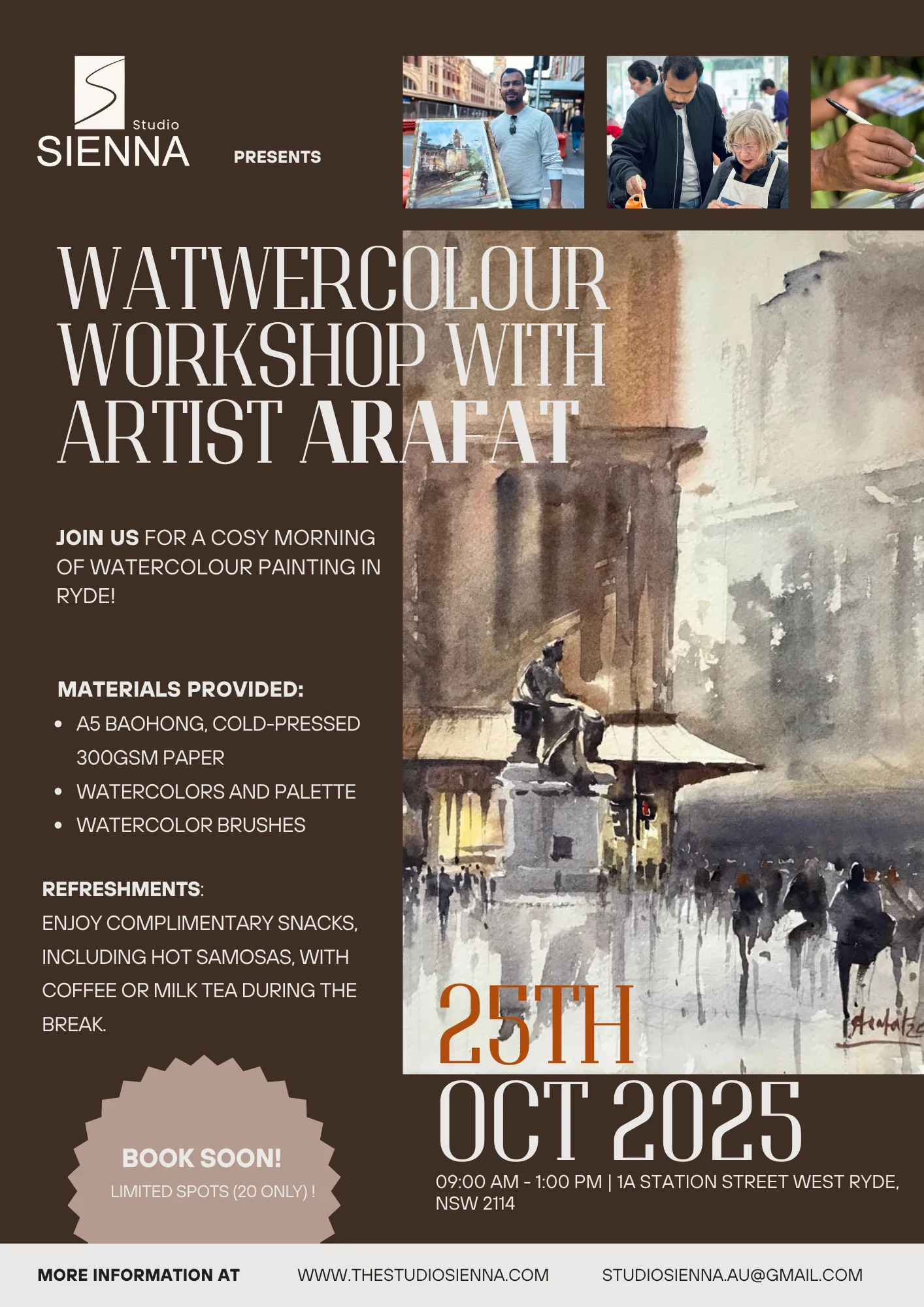 Poster for Watercolour Workshop with Artist Arafat, 25 October 2025, West Ryde